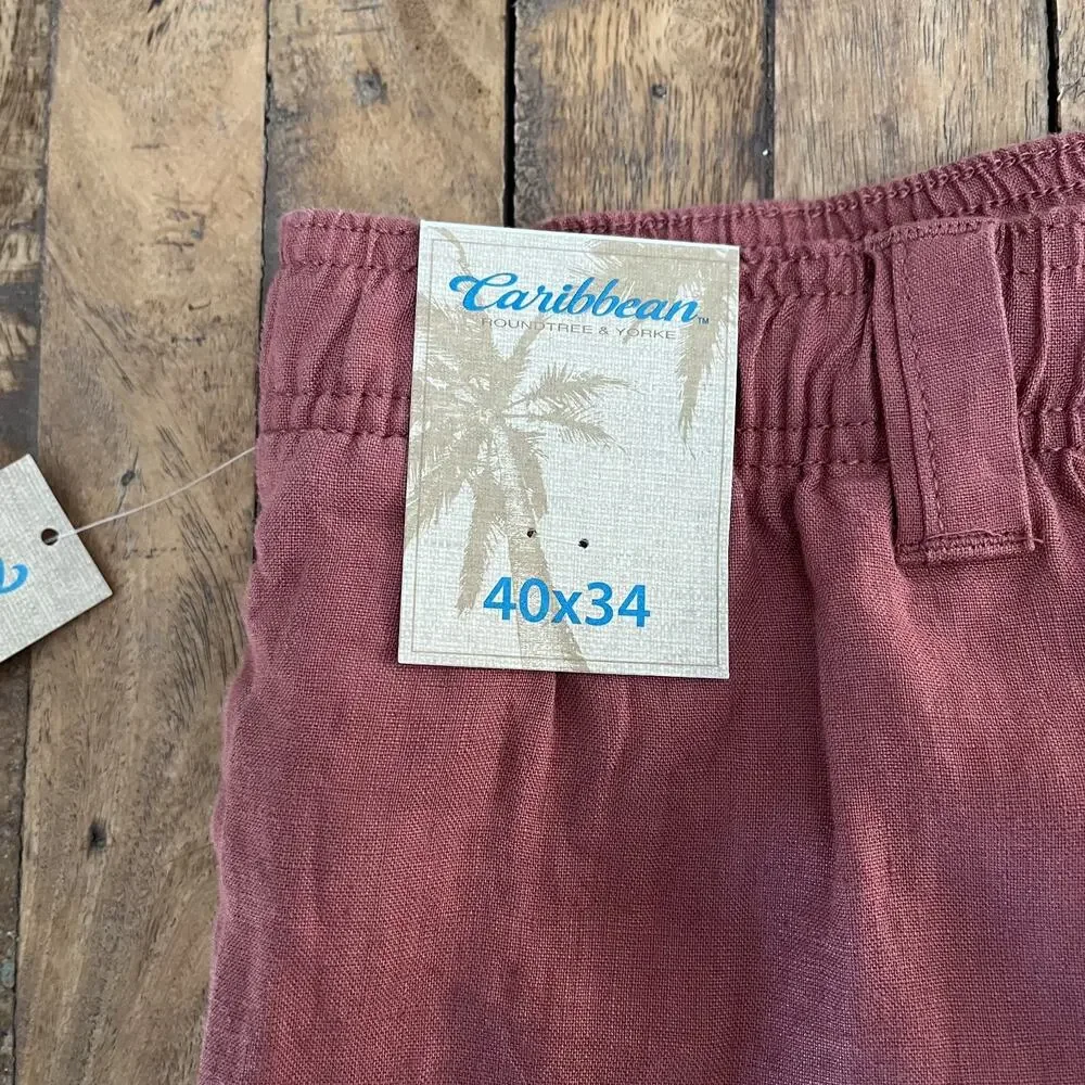 Caribbean Cargo Pants Men's 40x34 Mauve 100% Linen Adjustable Side Pockets NWT